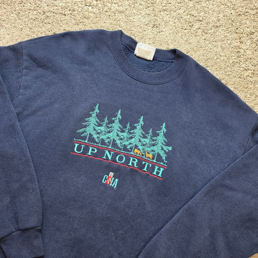 VINTAGE Lee Up North Sweatshirt Mens XL Navy Blue Cotton Blend Nature CSIA USA